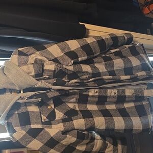 Large grey plaid jacket with hood